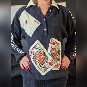 Vintage Bonnie Boerer Casino Sweater – Playing Cards Beaded Sequin Black